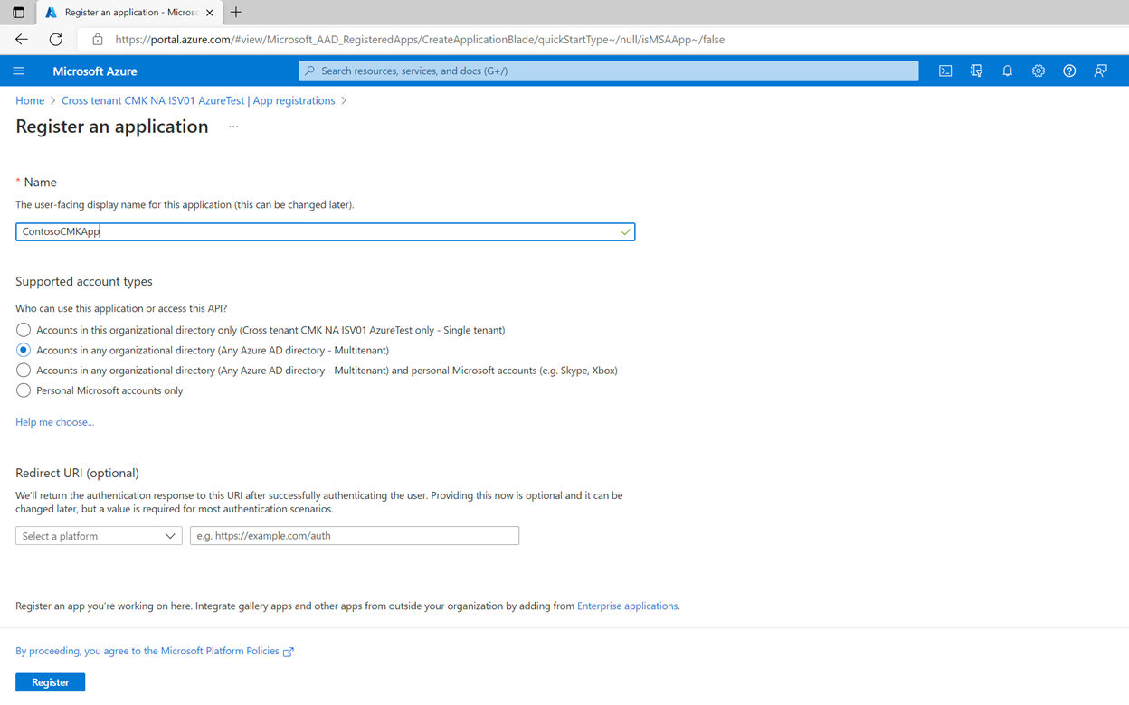 Screenshot, der zeigt, wie eine neue Registrierung für eine mehrinstanzenfähige Anwendung erstellt wird.