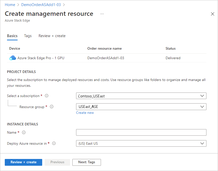 Screenshot of the Create management resource screen for a shipped order item in an Azure Edge Hardware Center order.