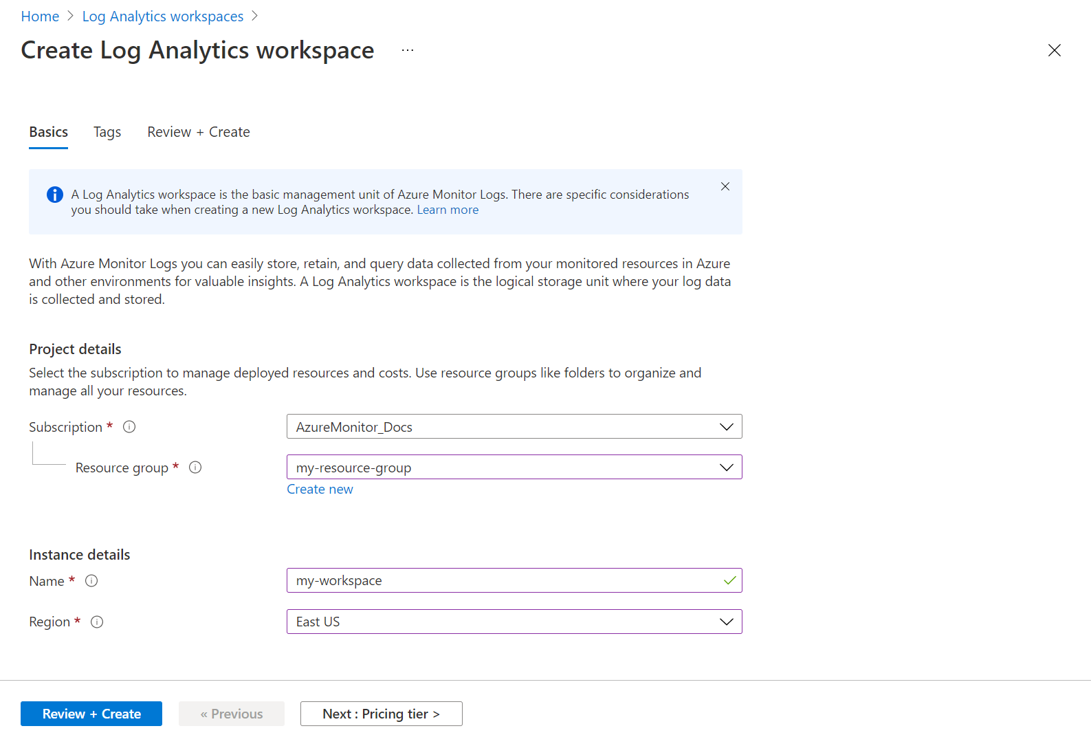 Screenshot that shows the workspace Basics tab.