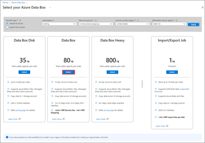 Screenshot: Bildschirm zum Auswählen eines Azure Data Box-Produkts. Die Auswahlschaltfläche für Data Box ist hervorgehoben.