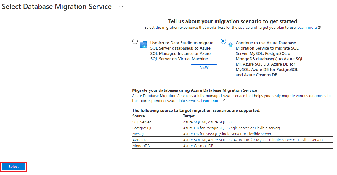 Szenario zum Auswählen des Database Migration Service.