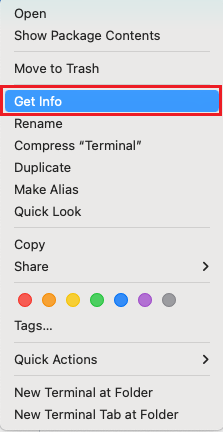 Screenshot: Auswählen von „Informationen abrufen“ durch Klicken mit der rechten Maustaste auf „Terminal“