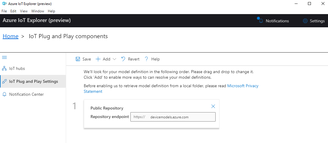 Screenshot: Hinzufügen des öffentlichen Modellrepositorys in IoT Explorer