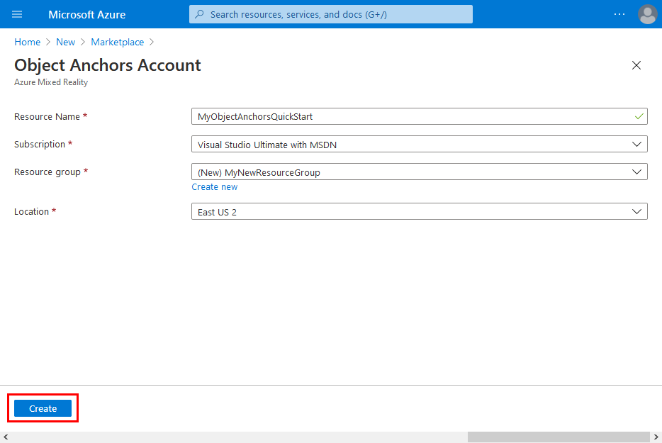 Eingeben der Kontodetails der Object Anchors-Ressource