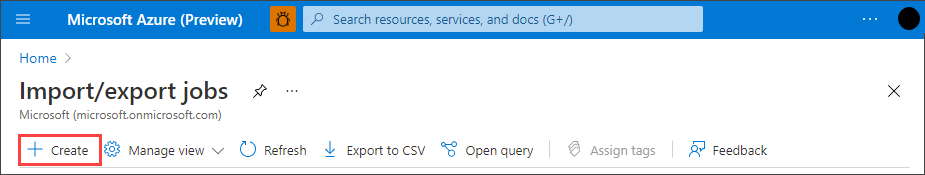 Screenshot des Befehlsmenüs am oberen Rand der Startseite von Azure Import/Exportaufträgen im Azure-Portal. Der Befehl „Plus Erstellen“ ist hervorgehoben.