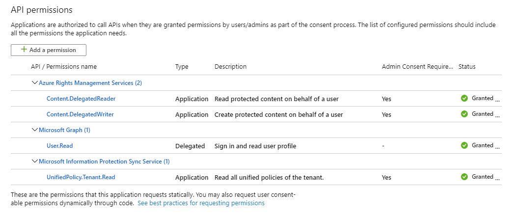 API-Berechtigungen für die registrierte App in Azure AD