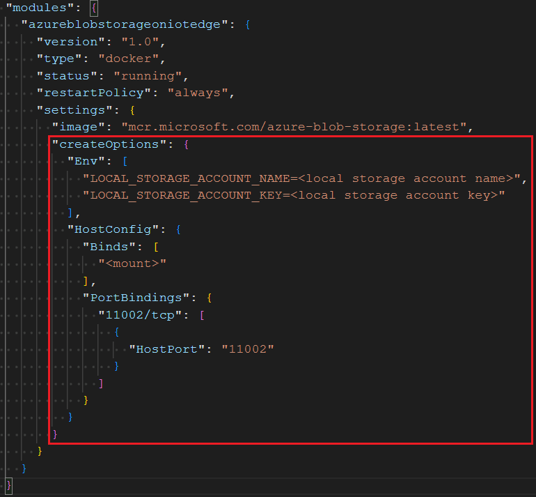 Screenshot: Aktualisieren von „createOptions“ für das Modul in Visual Studio Code