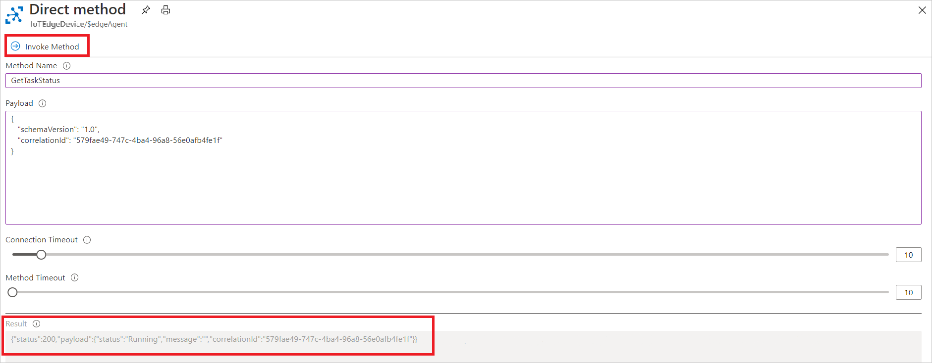 Screenshot, der zeigt, wie die direkte Methode „GetTaskStatus“ im Azure-Portal aufgerufen wird.