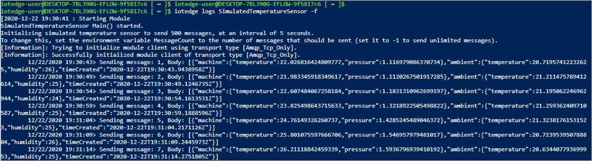Der Screenshot zeigt die Ausgabeprotokolle des Moduls „SimulatedTemperatureSensor“ bei seiner Ausführung.