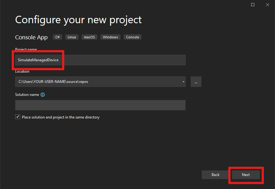 Screenshot: Benennen eines neuen Visual Studio-Projekts