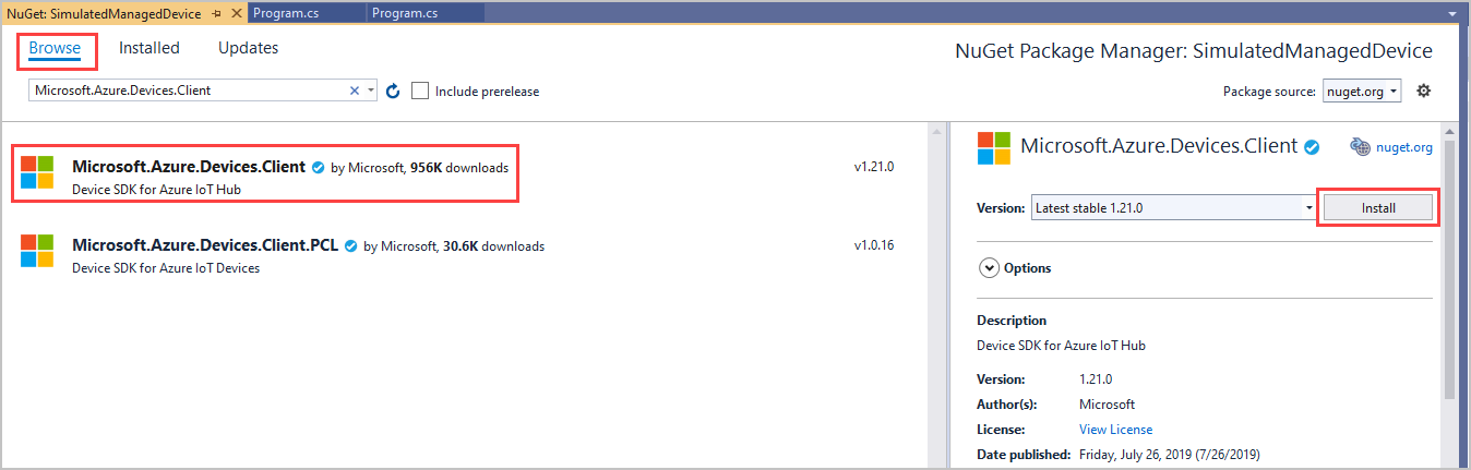 Screenshot: Installieren des Pakets „Microsoft.Azure.Devices.Client“