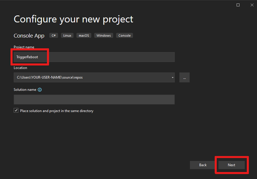 Screenshot: Konfigurieren eines neuen Visual Studio-Projekts