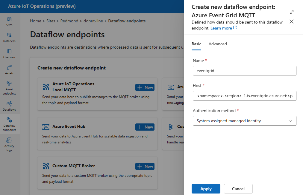 Screenshot zeigt das Verwenden des Einsatzerfahrungsportals zum Erstellen eines Azure Event Grid-Endpunkts.