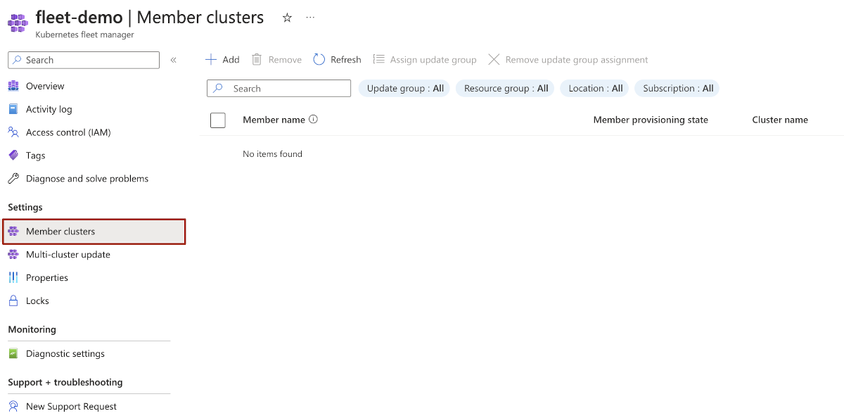 Screenshot der Azure-Portalseite für Azure Kubernetes Fleet Manager zum Hinzufügen von Mitgliedsclustern.