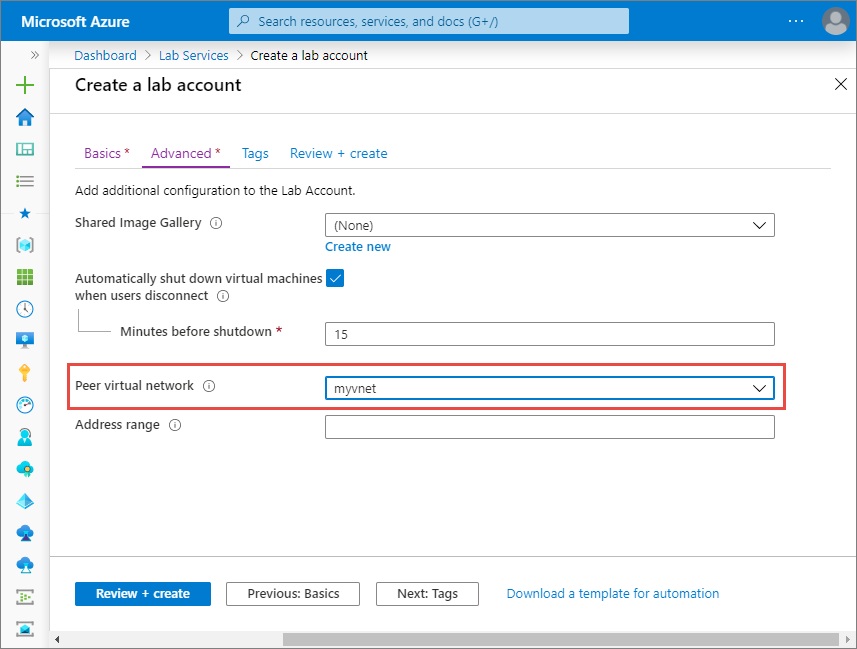Screenshot that shows how to create a lab account in the Azure portal, highlighting the peer virtual network setting.