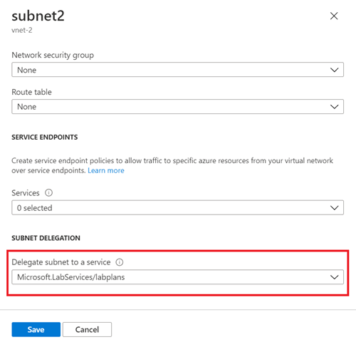 Screenshot of the subnet properties page in the Azure portal, highlighting the Delegate subnet to a service setting.