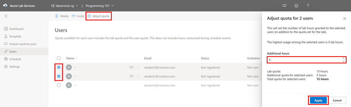 Screenshot that shows the Adjust quota window in the Azure Lab Services website.