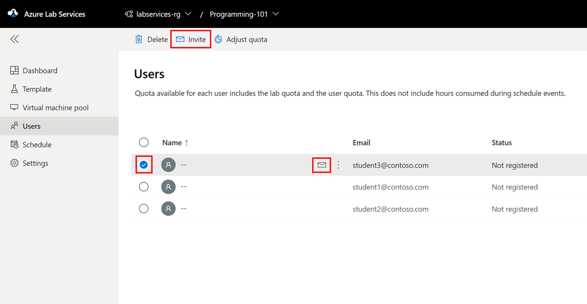 Screenshot that shows how to invite selected users to a lab in the Azure Lab Services website.