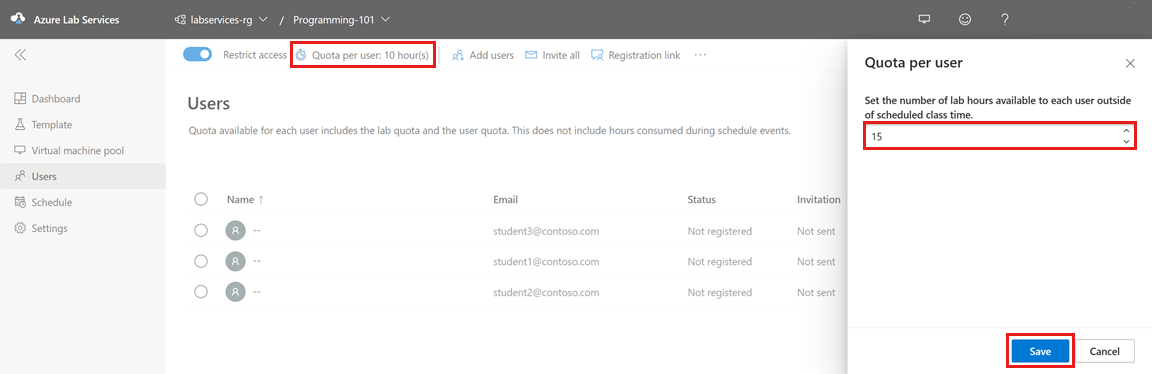 Screenshot that shows the Quota per user window in the Azure Lab Services website.