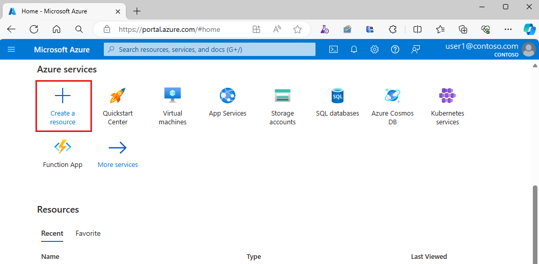 Screenshot: Startseite des Azure-Portals mit hervorgehobener Schaltfläche „Ressource erstellen“