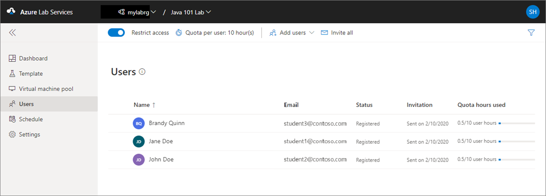 Screenshot: Liste der registrierten Benutzer für ein Lab auf der Azure Lab Services-Website
