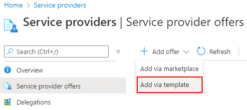 Screenshot showing the Add via template option in the Azure portal.