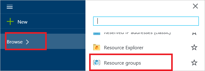 Screenshot zeigt das Azure-Portal, in dem „Durchsuchen“ und „Ressourcengruppen“ ausgewählt wurden.