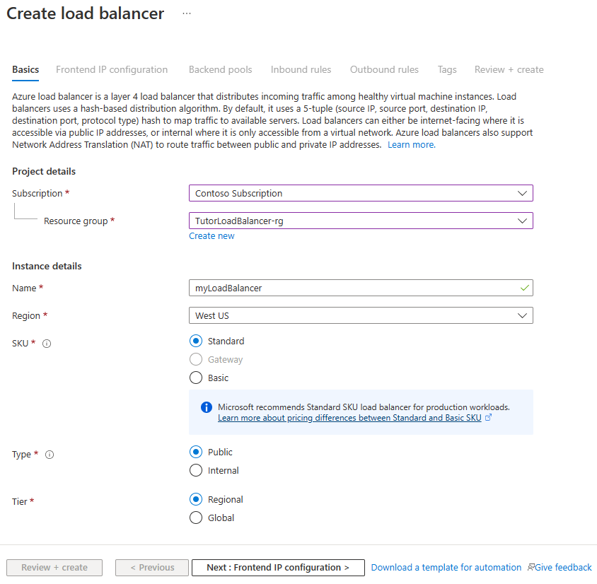 Screenshot: Registerkarte „Grundlagen“ zum Erstellen einer Load Balancer Standard-Instanz