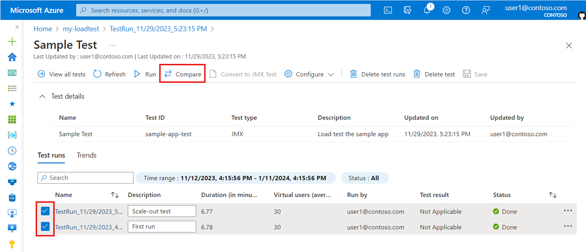 Screenshot that shows a list of test runs and the 'Compare' button in the Azure portal.