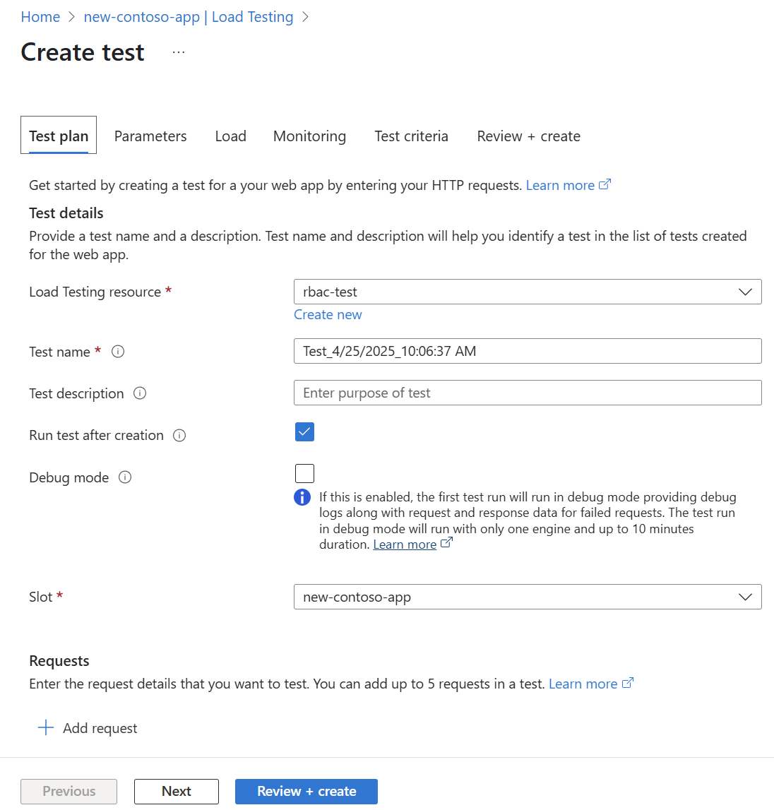 Screenshot der Seite „Ressourcenkonfiguration“ zum Erstellen eines Tests in App Service.