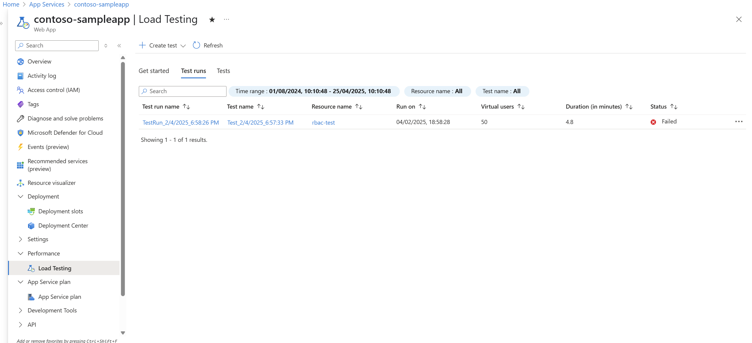 Screenshot der Liste der Testläufe in App Service.