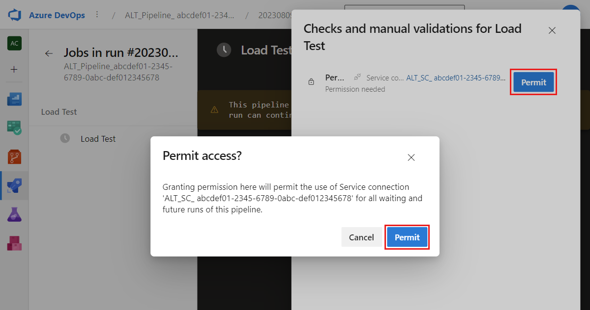 Screenshot that shows the grant permission window in Azure Pipelines to grant access to the service connection for running a load test.