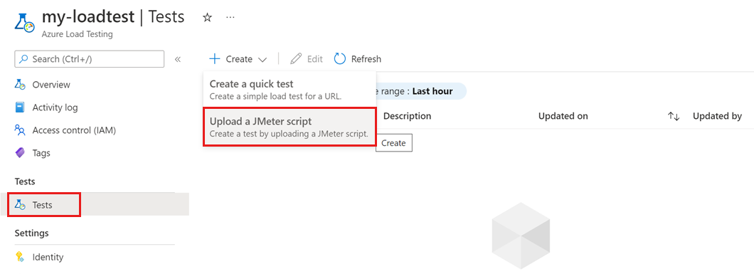 Screenshot that shows how to create a new load test by uploading a JMeter file in the Azure portal.