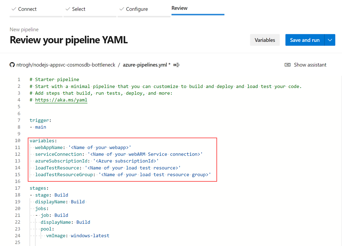 Screenshot: Registerkarte „Überprüfen“ von Azure Pipelines beim Erstellen einer Pipeline