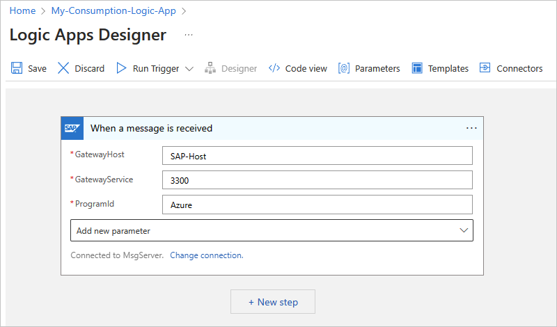 Screenshot: Grundlegend konfigurierter, SAP-verwalteter Connectortrigger in einem Verbrauchsworkflow.