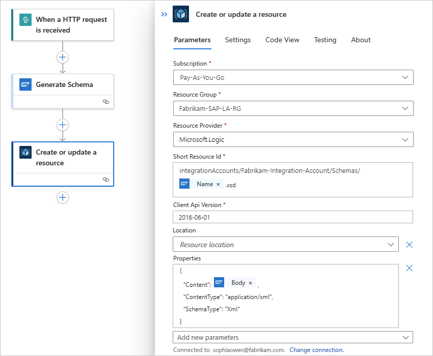 Screenshot, der den Standardworkflow und die Azure Resource Manager-Aktion mit hinzugefügten Parametern namens „Speicherort“ und „Eigenschaften“ zeigt.