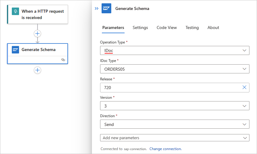 Screenshot, der den Standardworkflow, die Aktion „Schema generieren“ und IDoc-Artefakt-Informationen zeigt.