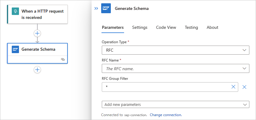 Screenshot, der einen Standardworkflow und eine in SAP integrierte Aktion namens „Schemas generieren“ zeigt.