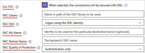 Screenshot mit den SAP-Verbindungseinstellungen für Verbrauch, um SNC zu aktivieren