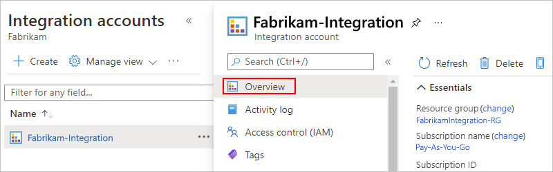 Screenshot shows Azure portal with integration account menu and selected Overview option.