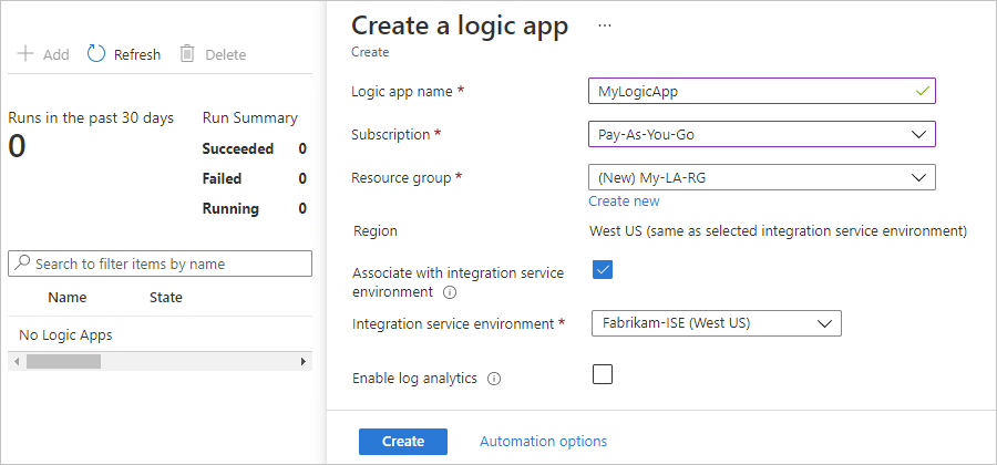 Screenshot: Bereich „Logik-App erstellen“ mit eingegebenen Beispielinformationen