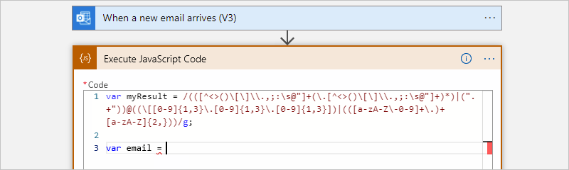 Screenshot: Workflow vom Typ „Verbrauch“, Aktion „JavaScript-Code ausführen“ und Beispielcode zum Erstellen von Variablen