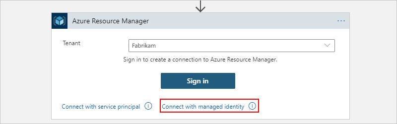 Screenshot shows Consumption workflow with Azure Resource Manager action and selected option for Connect with managed identity.
