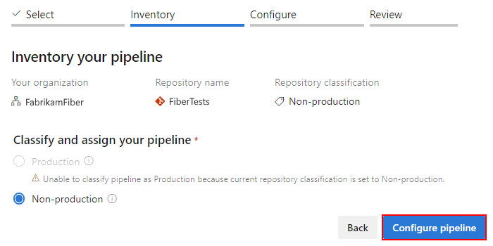 Screenshot der Seite „Bestand“ mit Repositoryinformationen für Ihre Pipeline.
