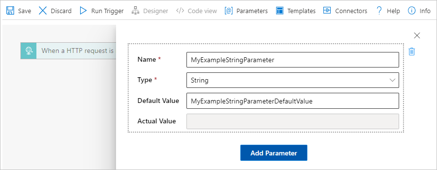 Screenshot: Azure-Portal, Designer für den Workflow im Tarif „Verbrauch“ und Bereich„Parameter“ mit einem Beispiel für eine Parameterdefinition