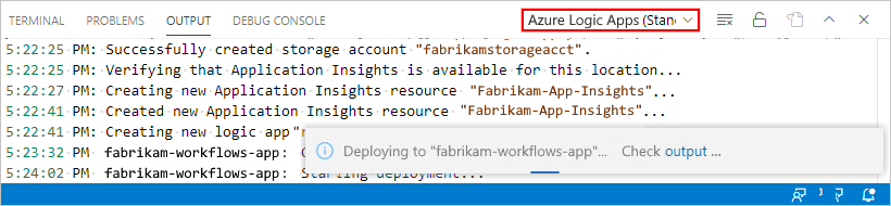 Screenshot: Ausgabefenster mit auf der Symbolleistenliste ausgewählter Option „Azure Logic Apps“ zusammen mit Bereitstellungsfortschritt und -statuswerten.