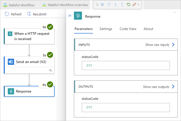 Screenshot: Status für jeden Schritt im aktualisierten Workflow sowie die Ein- und Ausgaben in der erweiterten Aktion „Antwort“.