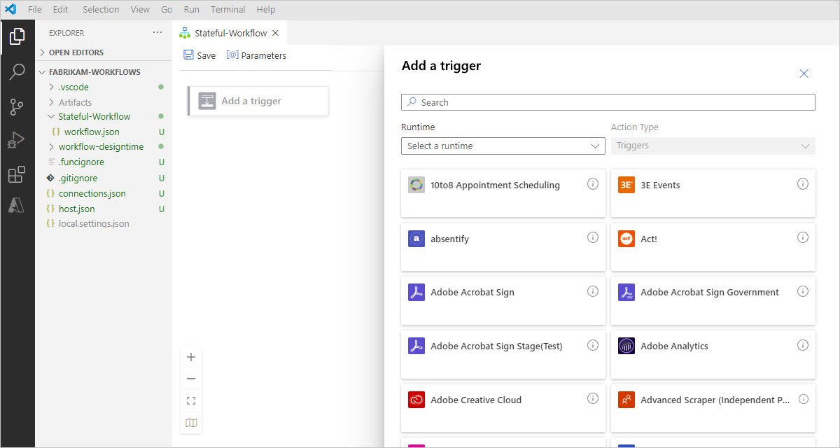 Screenshot. Workflow-Designer, ausgewählte Aufforderung „Trigger hinzufügen“ und Katalog der Connectors mit Triggern.