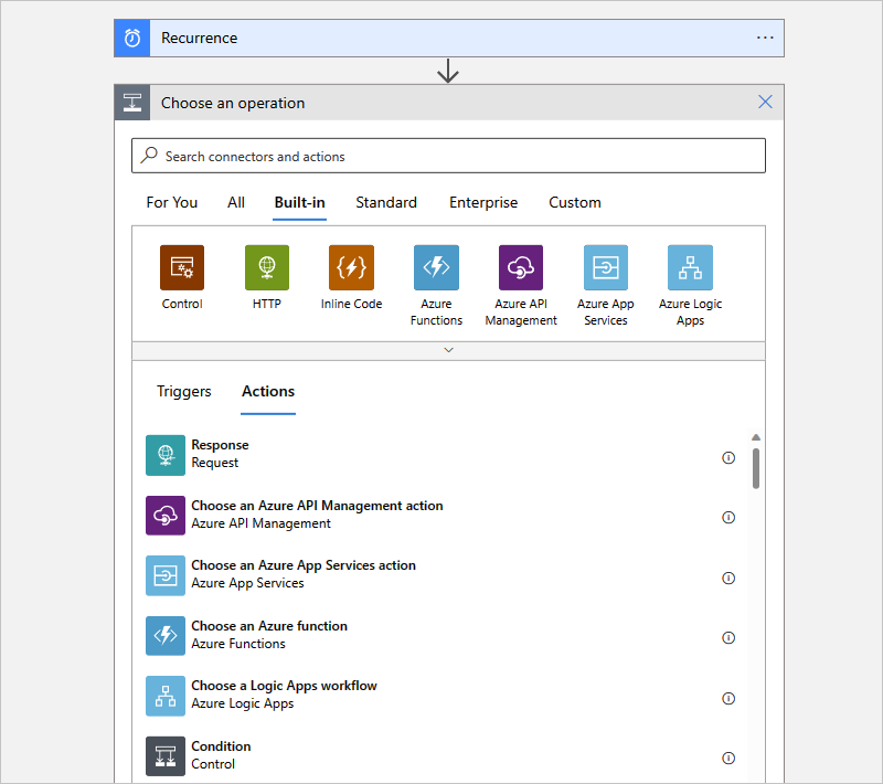 Screenshot: Azure-Portal, Workflow-Designer für Verbrauchslogik-App-Workflows mit dem Trigger „Wiederkehrend“ und dem Katalog für integrierte Aktionen.