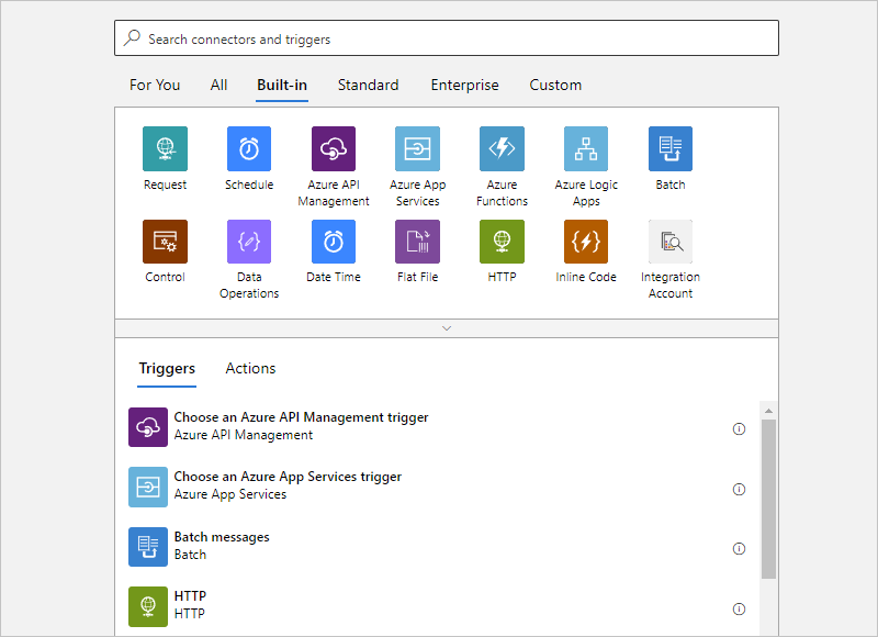 Screenshot: Azure-Portal und Workflow-Designer für Verbrauchslogik-Apps mit leerem Workflow und dem Katalog für integrierte Trigger.